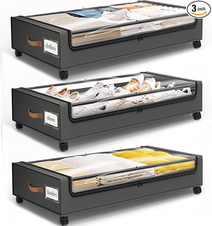 SpaceHacks Under Bed Storage with Wheels 3Pack Storage Containers with Clear Window&Label Under Bed Drawers Rolling Under Bed Storage for Clothes,Shoes, Blankets (30.71 x 16.93 x 6.69 in, Dark Grey)