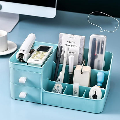 skin care organizer,Makeup Desk Organizer With Drawers,Countertop Organizer for Cosmetics,Vanity brush with Holder for Lipstick, Brushes, Eyeshadow, and Desktop (polar blue)