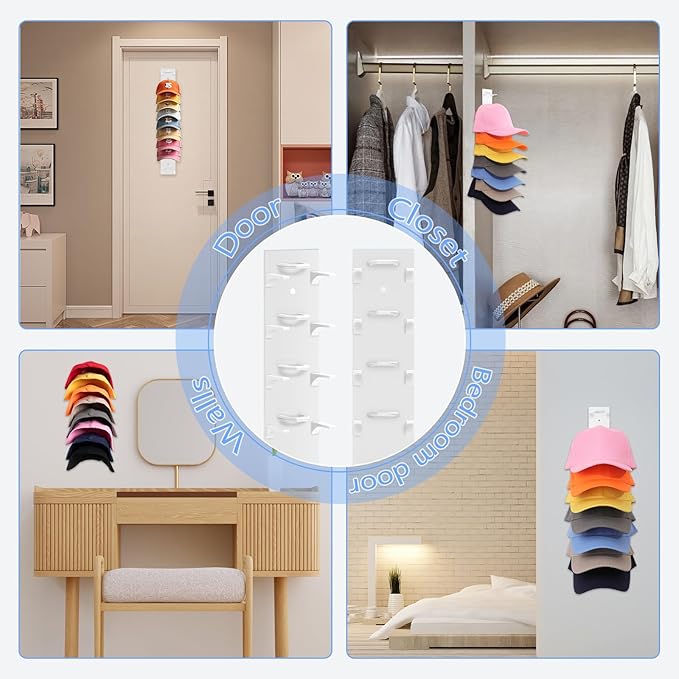 Hat Organizer for Baseball Caps, 2 Pack Hat Rack for Wall Hold up to 18 Hats Strong Adhesive Hat Hooks Stand Multilayer Hat Hanger Organizer Storage Holder Display for Door Closet Bedroom（White)