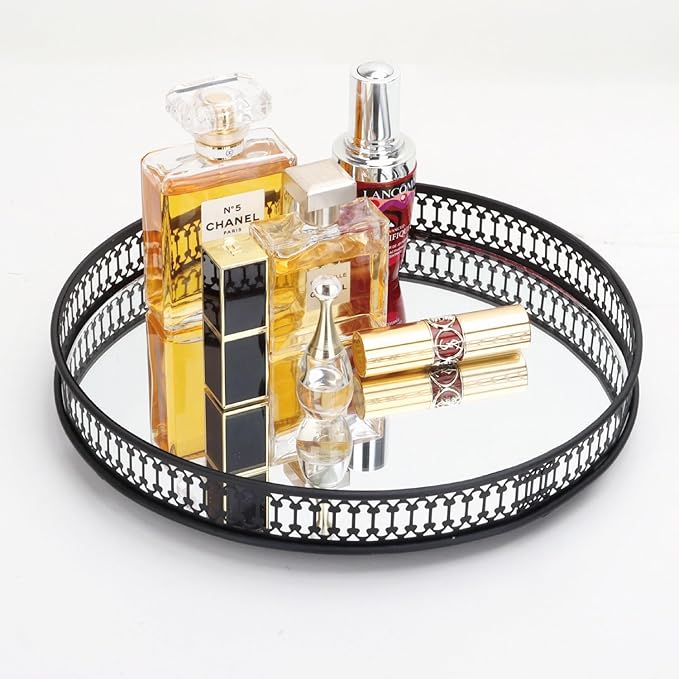 Perfume Tray, Mirror Tray, Vanity Decorative Tray with Metal for Dresser Bedroom Countertop Organizer,Mirrored Cosmetic Tray for Bathroom, Bedroom or Living Room, Black (Round)