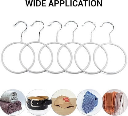 6 Pcs Circle Scarf Ring Hangers Non-Slip Belt Holder Hanger with Hook Scarf Organizers Belt Ties Hanger Rack for Tank Tops Scarves Ties Belts Wardrobe Storage Rack Closet Accessory Hangers, White