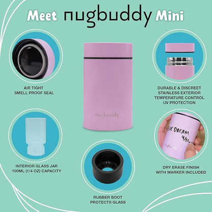 nugbuddy Mini Airtight Storage Container - Vacuum Sealed Insulated w Nested Glass Jar - UV Protection, Temperature Controlled Stainless - Whiteboard Finish w Marker Included - 100 ml (1/4 Oz)