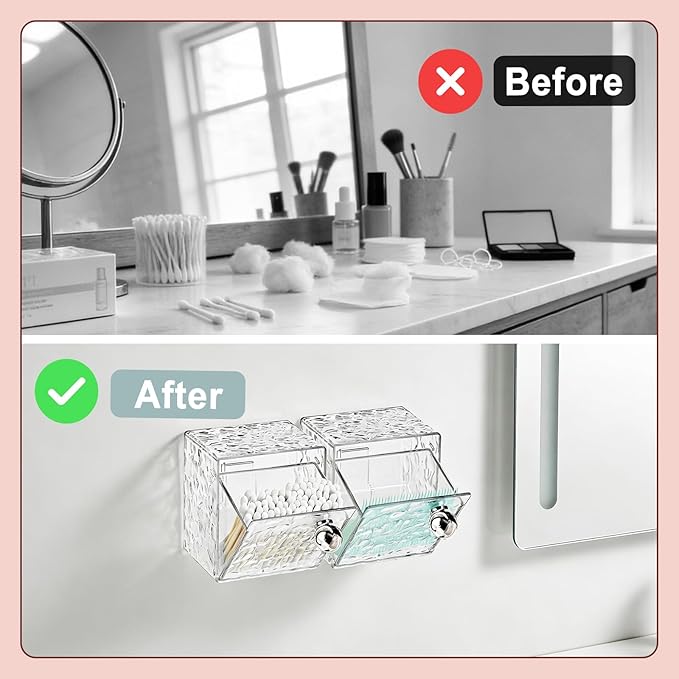Qtip Holder Dispenser, Wall Mounted Plastic Cotton Pad Holder, Cotton Ball, Swabs, Floss, Makeup Organizers Containers for Vanity Bathroom (Clear, 2 Pcs)