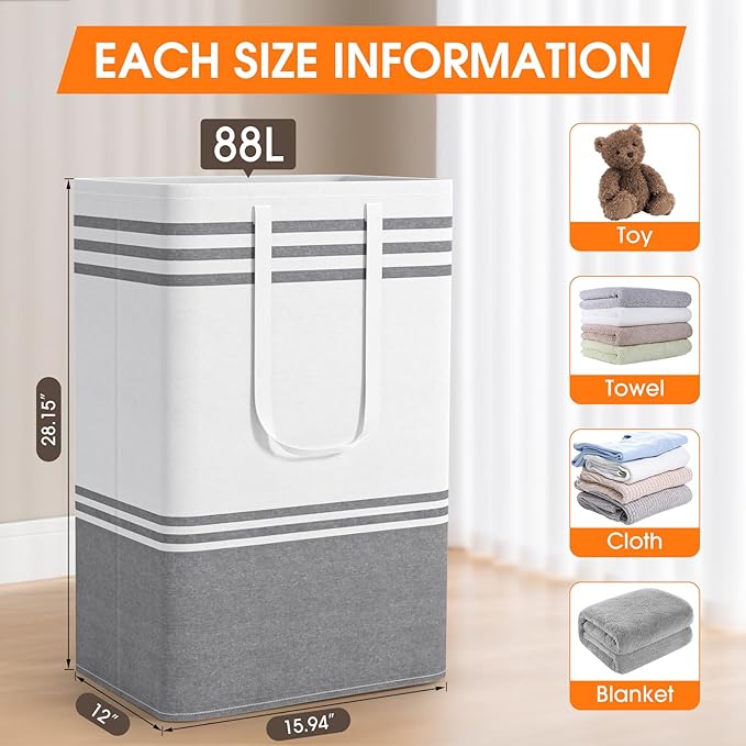 3 Pack Large Laundry Baskets, Laundry Hampers, Freestanding Waterproof Collapsible Clothes Bag with Extended & Reinforced Handles - Clothes Basket for Dorm, Bathroom, Home (88L)