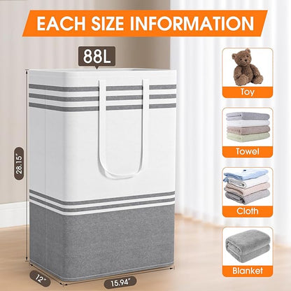 3 Pack Large Laundry Baskets, Laundry Hampers, Freestanding Waterproof Collapsible Clothes Bag with Extended & Reinforced Handles - Clothes Basket for Dorm, Bathroom, Home (88L)
