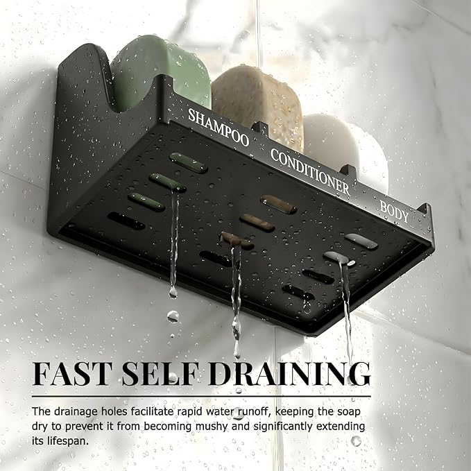 Soap Holder for Shower Wall, 3-Compartment Soap Dish for Shampoo, Conditioner and Body Soap, Fast Draining & Rust-Proof & Heavy Duty, Ultra-Strong Self Adhesive & Freestanding (Black, Label)