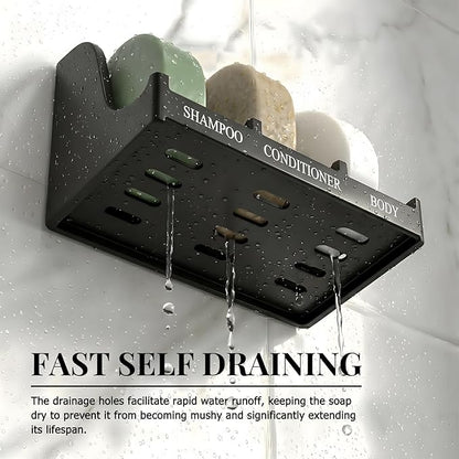 Soap Holder for Shower Wall, 3-Compartment Soap Dish for Shampoo, Conditioner and Body Soap, Fast Draining & Rust-Proof & Heavy Duty, Ultra-Strong Self Adhesive & Freestanding (Black, Label)