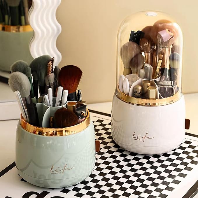 360 Rotating Makeup Brush Holder with Lid Clear Dustproof Make Up Organizers for Vanity Countertop Includes a Foldable Bowl for Cleaning Makeup Brush Transparent Dustproof (White)