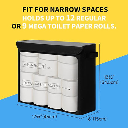 Cupic Cupid Toilet Paper Storage Baskets, Bathroom Toilet Paper Storage with Lid, Holds 12 Regular or 9 Mega Rolls, Slim Toilet Tissue Holder Basket with Clear PVC Lid and Handles, Black