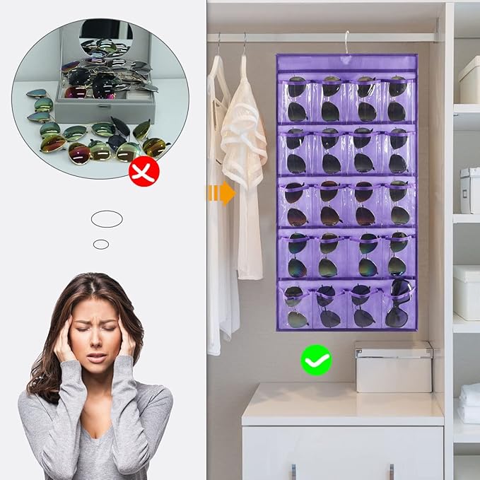 Hanging Sunglasses Organizer Wall Mounted Eyeglasses Holder with 20 Clear Slots (PURPLE)