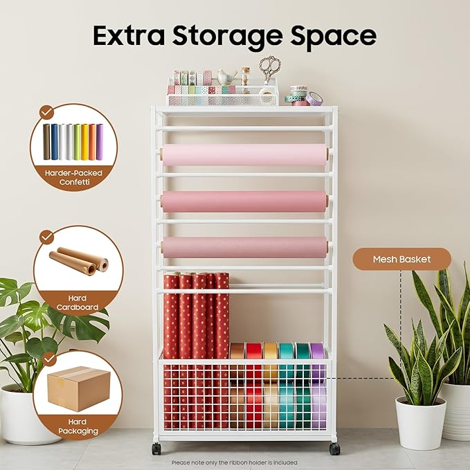 16-Tier Double-Sided Ribbon Holder Organizer Rack with Storage Basket & Wheels, Multifunctional Flower Wrapping Paper Display Stand for Craft Rooms, Flower Shops (White, 31.5''W x 12.6''D x 59.06''H)