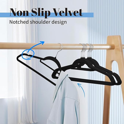 Smartor Velvet Hangers with Tie Bar 120 Pack, Non Slip Clothes Hangers with Shoulder Notches, Premium Slim Space Saving Felt Hanger for Closet Organizers and Storage, Heavy Duty Hanger for Coat, Black