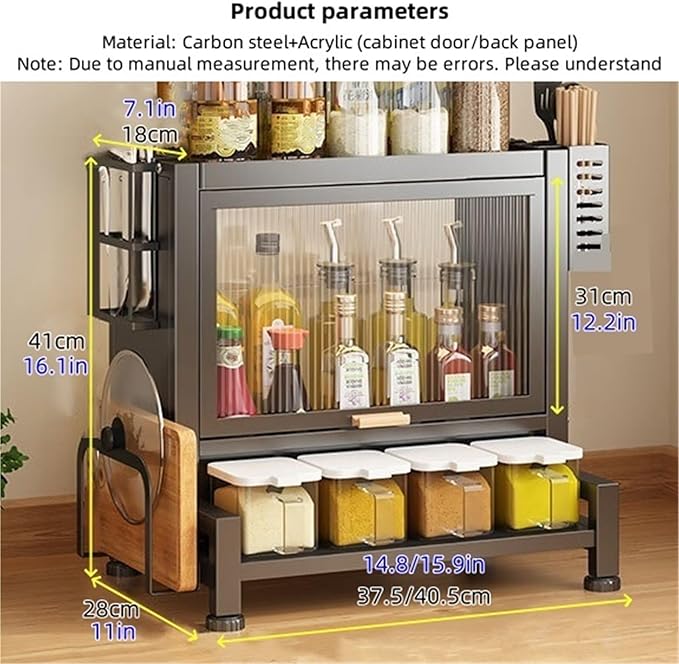 Home Furnishing Seasoning Bottle Storage Box Spice Rack Kitchen Countertop Storage Cabinet Pantry Sideboard Freestanding Counter Storage Organizer for Kitchen Living Room(Black,41cm)