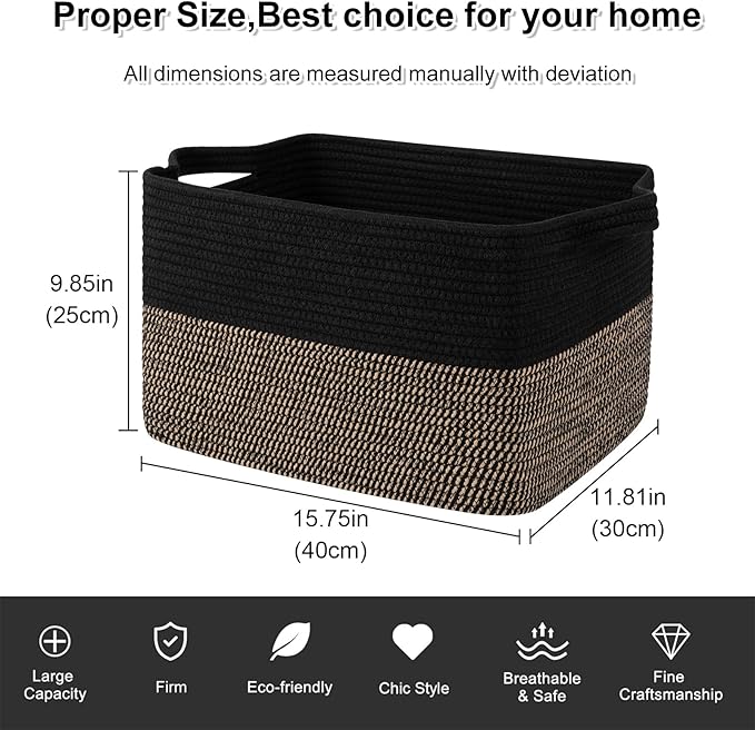 OIAHOMY Woven Storage Basket for Shelves, Rectangle Cotton Rope Baskets for Organizing, 16 x 12 x 10 in, Storage Bins for Dog Toys,Towel,Books,Gift,Black and Brown