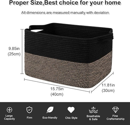 OIAHOMY Woven Storage Basket for Shelves, Rectangle Cotton Rope Baskets for Organizing, 16 x 12 x 10 in, Storage Bins for Dog Toys,Towel,Books,Gift,Black and Brown