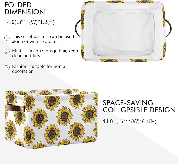 Foldable Storage Baskets, Meadow Sunflower Storage Bins with Handles, Decorative Cloth Organizer Storage Boxes for Home|Office 15 x 11 x 9.5 in