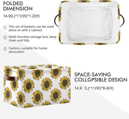 Foldable Storage Baskets, Meadow Sunflower Storage Bins with Handles, Decorative Cloth Organizer Storage Boxes for Home|Office 15 x 11 x 9.5 in