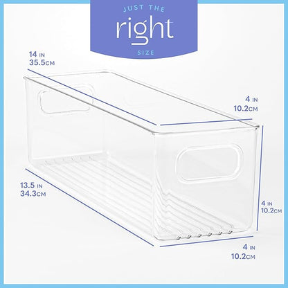 Plastic Food Storage 4 Pack Clear Container Bin with Handles for Organizing Kitchen, Pantry, Refrigerator, Freezer, Pantry, Cabinet, Closet, Bathroom. 14”x4”x4”