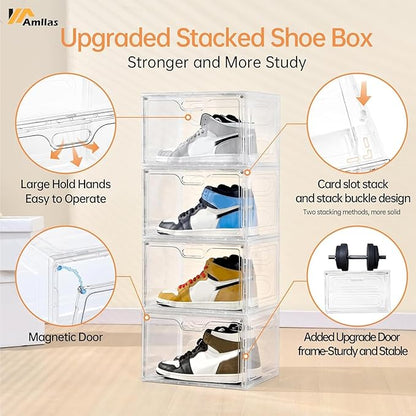 Amllas 8 Pack Shoe Boxes Clear Plastic Stackable, Large Shoe Storage Organizer with Lids,Drop Side Shoe Containers for Entryway,Sneaker Storage Fit up to US Size 13 (13’’x 10.6”x 8.3”)