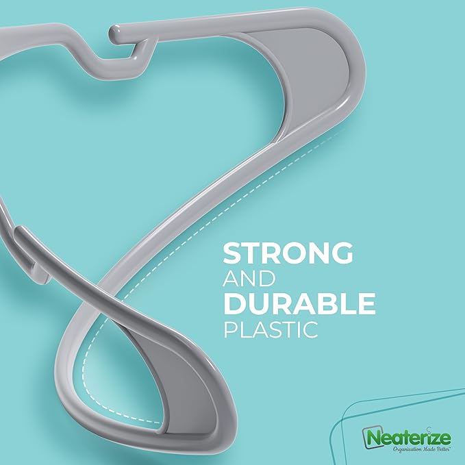 NEATERIZE Clothes Hangers Plastic 50 Pack for Adults - Plastic Hangers, The Perfect Coat Hanger and Space Saving Clothes Hangers for Closet, Percheros Ganchos para Colgar Ropa Hangars - Grey Hangers