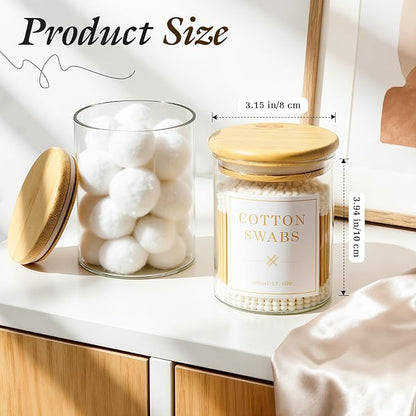 Luxspire 2 Pack Glass Qtip Holder Dispenser, 13.4 oz Cotton Swab Holder with Bamboo Lids, Glass Apothecary Jars Bathroom Accessories Canisters for Cotton Swabs, Balls, Pads, Floss Picks