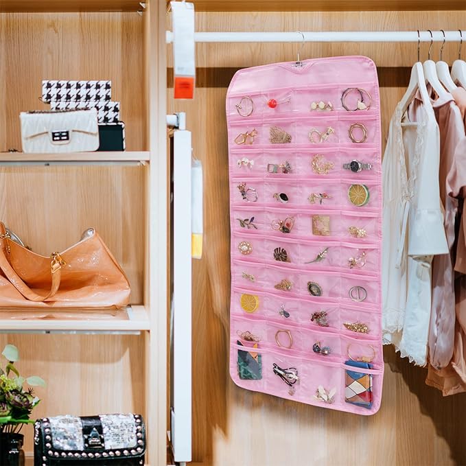 Bloss Valentines Day Gifts,Pink Hanging Jewelry Organizer with 80 Pockets Jewelry Organizers and Storage, Earring Organizer Holder For Jewelry Earring Storage Dating Gifts