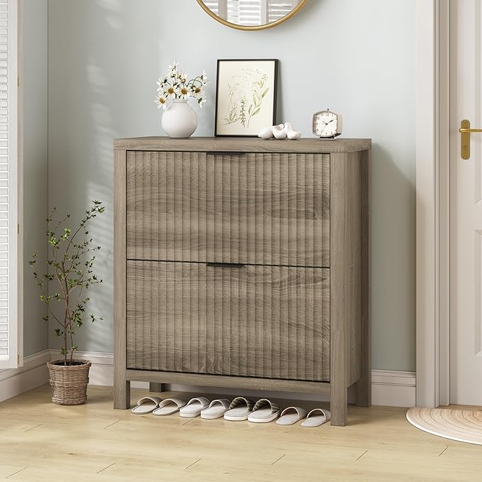 YOMILUVE Shoe Cabinet Storage for Entryway, Fluted Shoe Cabinet with 2 Flip Drawers, Hidden Shoe Rack Tall Freestanding Shoe Organizer with Legs for Hallway, Gray
