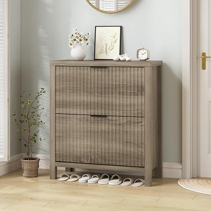 YOMILUVE Shoe Cabinet Storage for Entryway, Fluted Shoe Cabinet with 2 Flip Drawers, Hidden Shoe Rack Tall Freestanding Shoe Organizer with Legs for Hallway, Gray