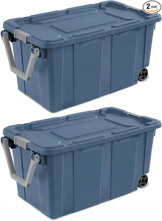 Extra Large 40 Gallon Wheeled Industrial Storage Bins, Heavy Duty Plastic Stackable Totes with Latch Lids and Pull Handle for Garage, Basement, and Moving, Blue, 2 Pack