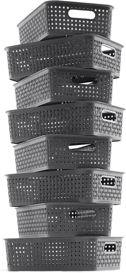 NETANY Plastic Storage Baskets - 8 Pack, Gray, Durable, Easy to Use, Flexible, Multi-Purpose, Ideal for Closets, Cabinets, Shelves, Countertops