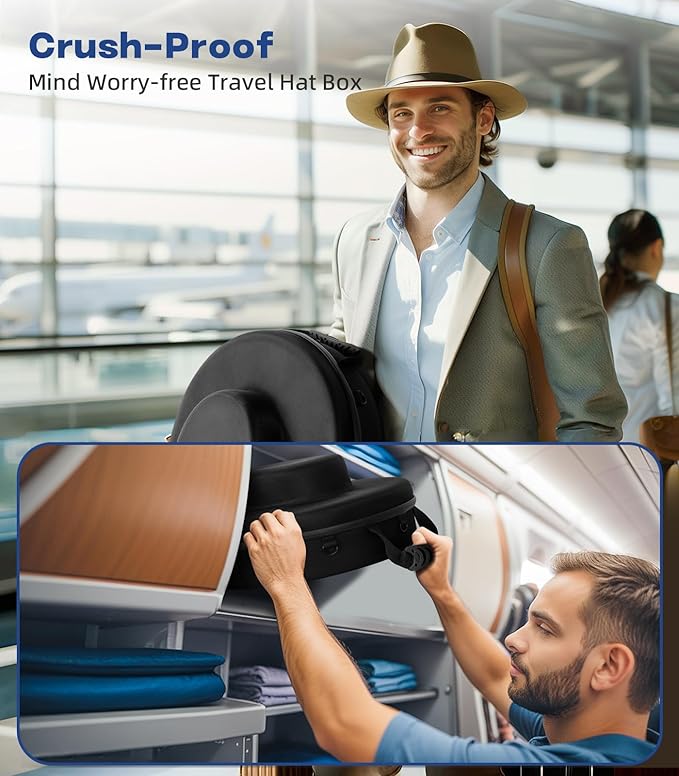 Hat Box for Cowboy Travel Extra Large, Waterproof Hard Hat Travel Case Storage Can for Fedora Panama Tweed Cap Hat Holder Organizer Carrier with Adjustable Carry Strap, Mens Western Gift, Large Black
