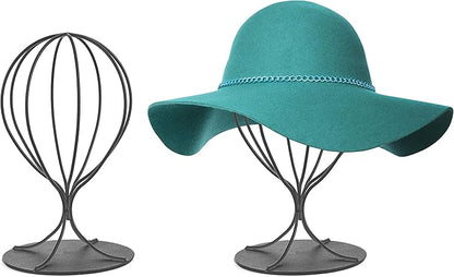 Black Hat Display Stand - Set of 2 Stylish Women Closet Hat Rack - Sturdy Metal Hat and Wig Holder - Stable Base, Matte Black Finish - Modern Free Standing Table Fedora or Baseball Cap Form