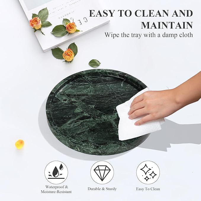 YMXYJM Real Natural Round Marble Tray for Bathroom, Genuine Marble Stone Vanity Tray, Luxury Storage Trays for Kitchen, Vanity, Home Decor, Dresser, Non-Resin/Non-Ceramic, 10"x 1", Green