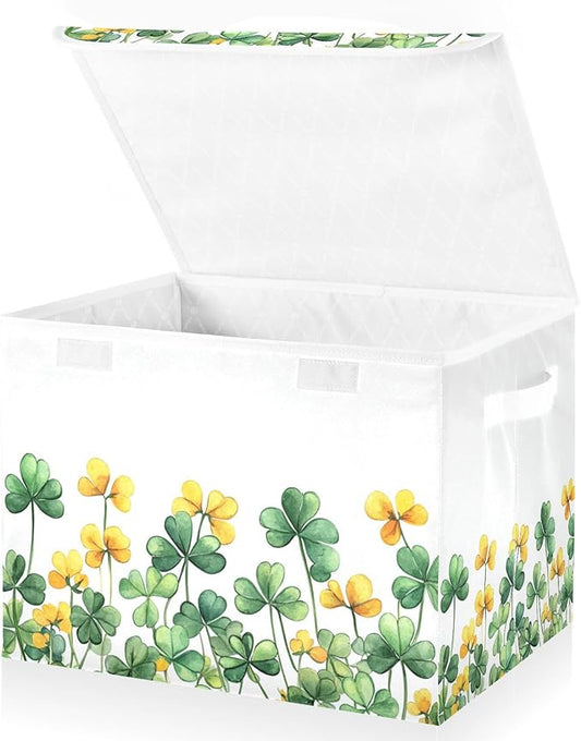 senya St. Patrick's Day Baskets Collapsible Storage Bins with Lids, Border Of Green Clover Yellow Flowers Storage Boxes Clothes Baskets for Organizing