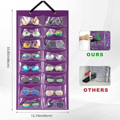Lolalet Sunglasses Organizer, Hanging Sunglass Holder Organizer for Wall 16 Slots Double Sided Glasses Organizer -Purple, 1 Pack