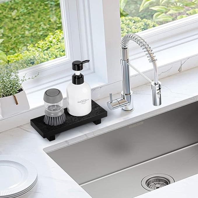 Bathroom Tray Farmhouse Decor Pedestal Stand Wood Riser Display Kitchen Accessories Soap Holder for Sink, Counter, Vanity, 8.7 * 3.6 Black