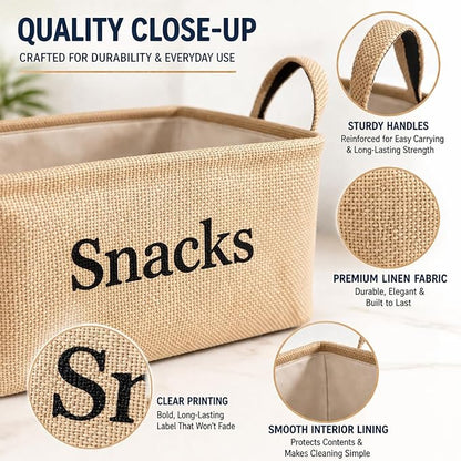 Snack Storage Bin for Pantry - Burlap storage basket for organizing your chips, popcorn, candy, pretzels and more. Kitchen container for treats. Great for movie night or for kids to grab and go.