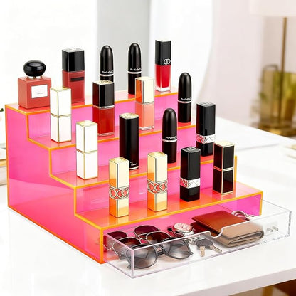 Perfume Organizer for Women Acrylic Perfume Display Shelf with Drawer 4-Tier Makeup Stand for Vanity Cosmetic Display Case, Neon Pink