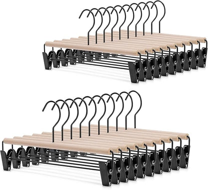 Nature Smile Deluxe Beech Wooden Pants Hangers Bottom Hanger Jeans Hanger Trousers Skirt Hanger with 2-Adjustable Black Matt Clips and Hook 20 Pack (Natural Wood+Black Metal)