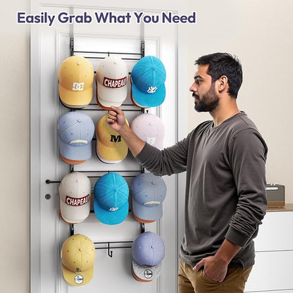 SWTYMIKI Over Door Hat Organizer - 4 Tier Metal Adjustable Wall Mounted Hat Rack with 12 Hooks Design, Hanging Baseball Cap Organizer Storage Holds up to 36 Caps for Door, Bedroom, Closet
