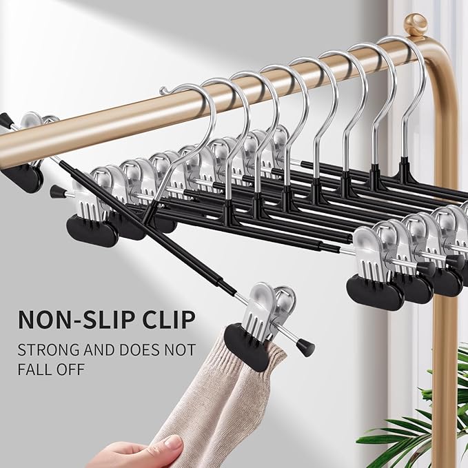 HUADYMEET 50 Pack 12Inch Pants Hangers with Wide Clips,Metal Trouser Hanger for Jeans.Space Saving Skirt Hangers Heavy Duty Non-Slip Adjustable Clothes Shorts Hanger for Women,Men,Black