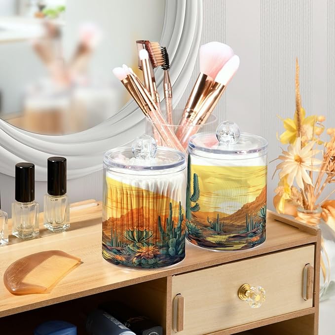 2 Pack Cactus Plants Apothecary Jars with Lid, Qtip Holder Storage Containers for Cotton Ball, Swabs, Pads, Clear Plastic Canisters for Bathroom Vanity Organization (10 Oz)