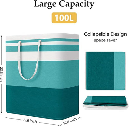 StorageRight Large Collapsible Laundry Basket Hamper with Easy Carry Handles，Freestanding Clothes Hampers for Laundry, Bedroom, Dorm, Towels, Toys, 100L, Green
