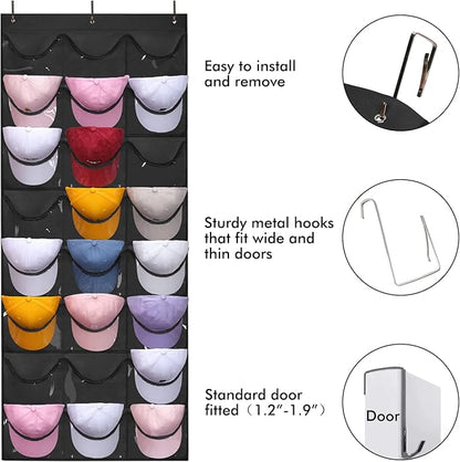 Hat Organizer for Storage of Baseball Caps, 24 Clear Deep Pockets, Rack for Wall/Door with Hooks(Black)