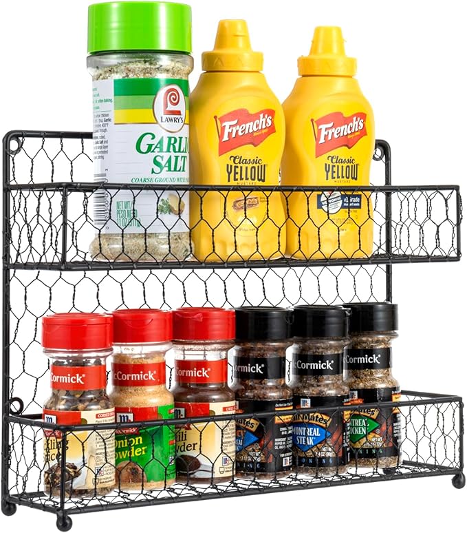 MyGift Spice Rack Wall Mount, Counter 2 Tier Spice Rack, over the Stove Seasoning Jar Storage Organizer, Black Metal Wire, Kitchen Farmhouse Style