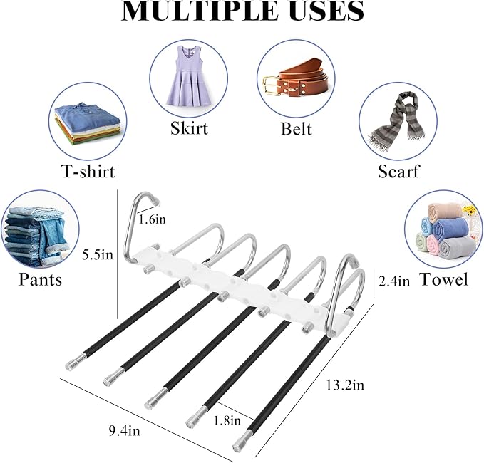 SANLIKE 2 Pack 5 Layers Pants Hangers Space-Saving Stainless Steel Closet Hangers 20pcs Fixed Clips Non-Slip Multi-Functional Pants Rack Two Hanging Modes for Trousers Jeans Leggings Scarf Skirts