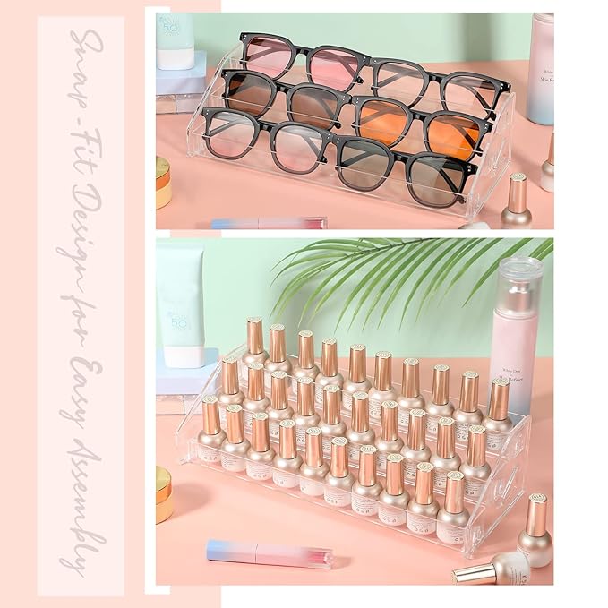 Jetec 2 Pcs Acrylic Card Display Stand Versatile Display for Trading Cards Greeting Card Sunglasses Organizer Nail Polish Holder Essential Oils Cosmetic Cases Eyewear Rack(3 Tiers Style)