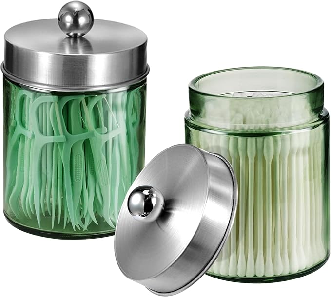 3 Pack Apothecary Jar Canisters Bathroom Vanity Organizer - Qtip Holder Storage Organizer Set Countertop Canister with Stainless Steel Lids &Cute Stickers for Qtips,Cotton Swabs,Makeup Sponges,Floss