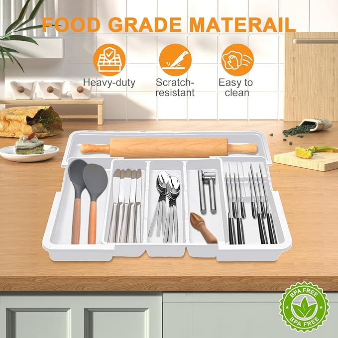 Homecor Kitchen Drawer Organizer Large Expandable Silverware Organizer, Utensil Holder and Flatware Tray, Kitchen Spatula Tools and Gadgets Storage with Removable Knife Blocks and 3 Dividers, White