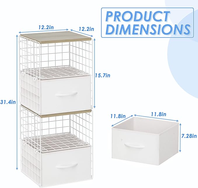 2 Pack Stackable Storage Drawers, Closet Organizers and Storage Shelves with Wooden Top & Adjustable Dividers, White Fabric Closet Drawer Organizer, Modular Storage Bins for Bedroom Wardrobe Apartment